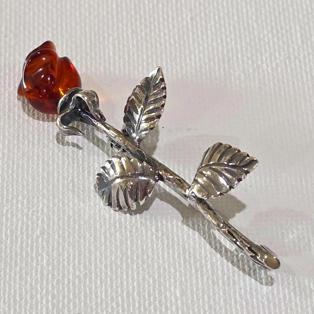 Vintage Carved Baltic Amber Rose Flower High Detail Sterling Silver Pin Brooch